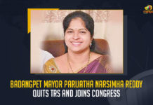 Badangpet Mayor Parijatha Narsimha Reddy Quits TRS And Joins Congress, Badangpet Mayor Parijatha Narsimha Reddy Joins Congress, Badangpet Mayor Parijatha Narsimha Reddy Quits TRS, Badangpet Mayor Quits TRS And Joins Congress, Parijatha Narsimha Reddy Quits TRS And Joins Congress, Telangana Rashtra Samithi Government witnessed a major setback after many leaders and corporators of the party quit TRS Government witnessed a major setback after many leaders and corporators of the party quit, Parijatha Narsimha Reddy Mayor of Badangpet Municipal Corporation, Mayor of Badangpet Municipal Corporation, Parijatha Narsimha Reddy, Badangpet Mayor Parijatha Narsimha Reddy, Badangpet Municipal Corporation, Telangana Rashtra Samithi, Mango News,