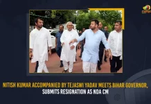 Nitish Kumar Accompanied By Tejaswi Yadav Meets Bihar Governor Submits Resignation As NDA CM, Nitish Kumar Submits Resignation As NDA CM, Nitish Kumar Accompanied By Tejaswi Yadav Meets Bihar Governor, Nitish Kumar's JDU Officially Break Alliance With BJP Exits NDA, Bihar Nitish Kumar Resigns as CM All Set To Form Coalition with Lalu Prasad Yadav's RJD, All Set To Form Coalition with Lalu Prasad Yadav's RJD, Bihar Nitish Kumar Resigns as CM, Nitish Kumar resigns as Bihar CM, Bihar Political Crisis, Nitish Kumar has resigned as the National Democratic Alliance's chief minister of Bihar, National Democratic Alliance's chief minister of Bihar, NDA chief minister of Bihar, Nitish Kumar is all set to exit BJP alliance, Bihar CM Nitish Kumar Resigns, Nitish Kumar Resigns, Bihar CM Resigns, Nitish Kumar, Bihar Governor, Bihar Political Crisis News, Bihar Political Crisis Latest News, Bihar Political Crisis Latest Updates, Bihar Political Crisis Live Updates, Mango News,